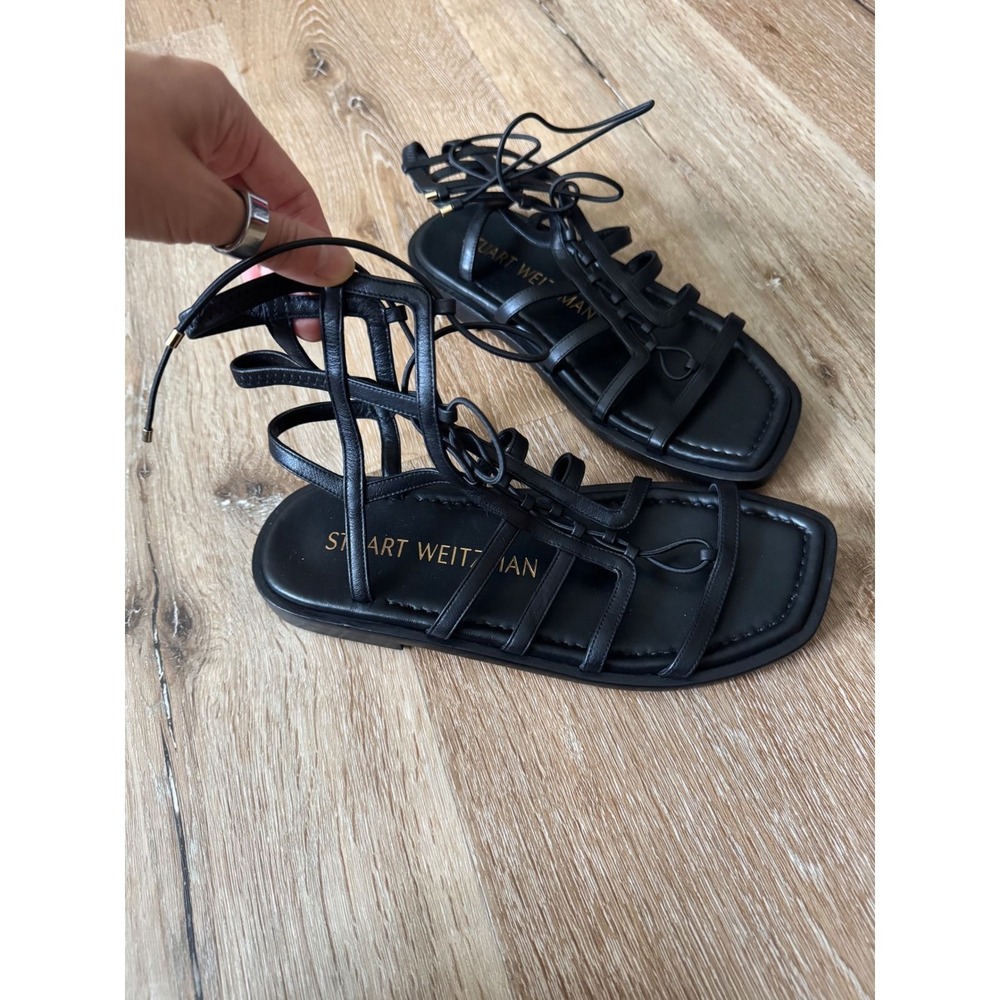 Stuart Weitzman NWT Black Leather Gladiator Lace Up Square Toe Sandals Size 7